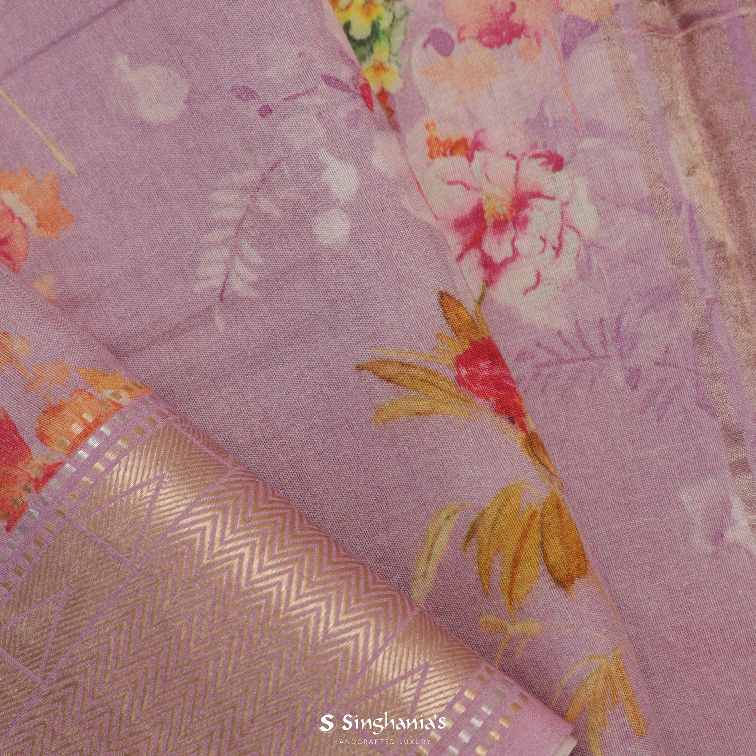 Thistle Purple Printed Khadi Saree With Floral Pattern