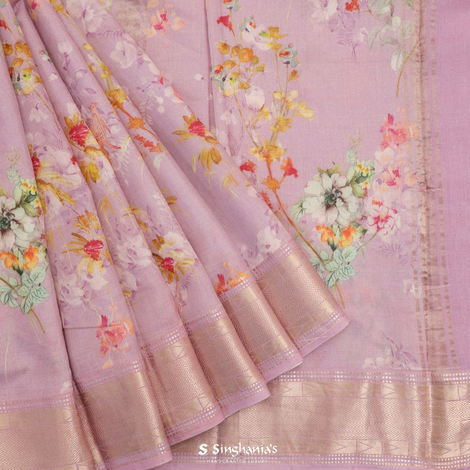 Thistle Purple Printed Khadi Saree With Floral Pattern