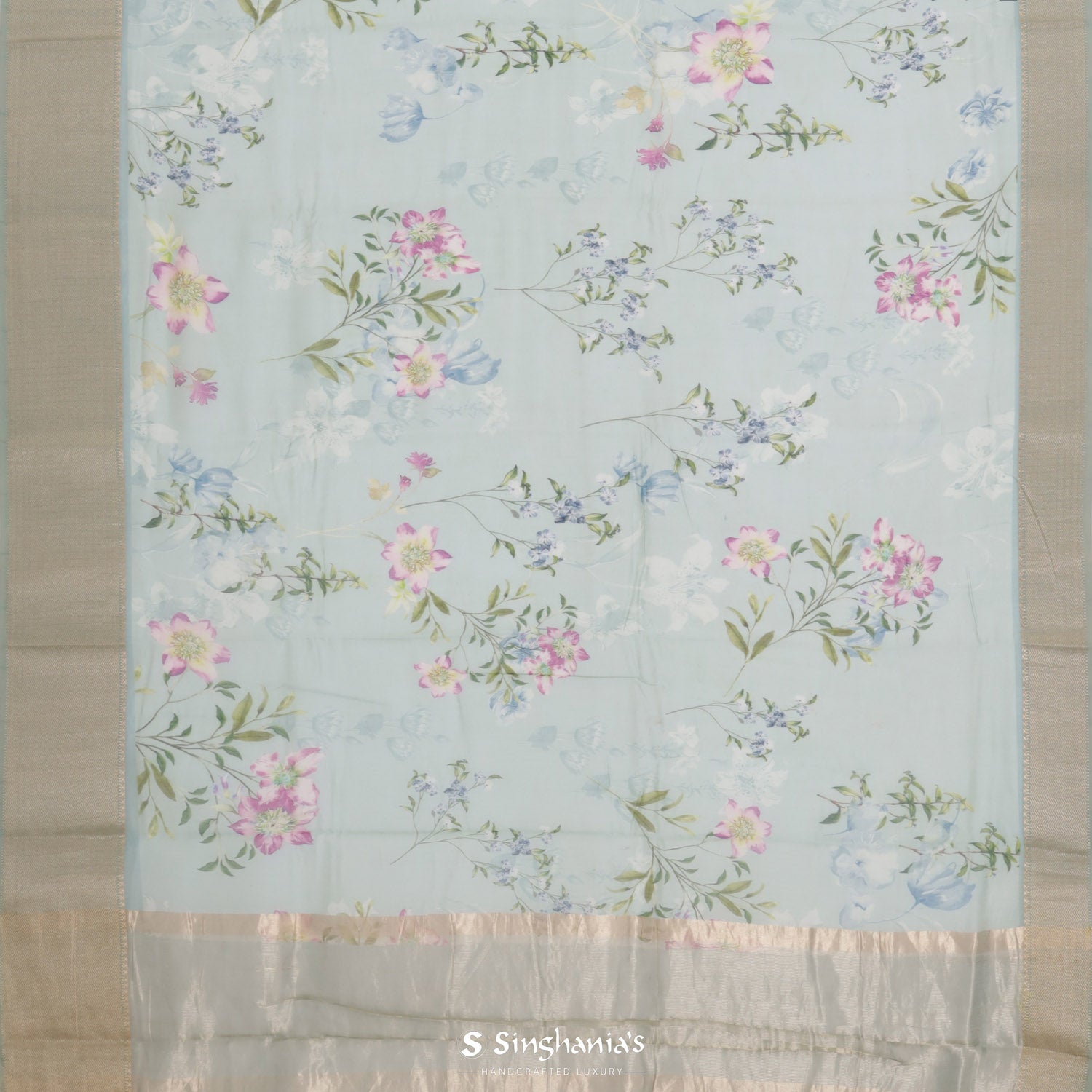 Pale Blue Printed Khadi Saree With Floral Pattern