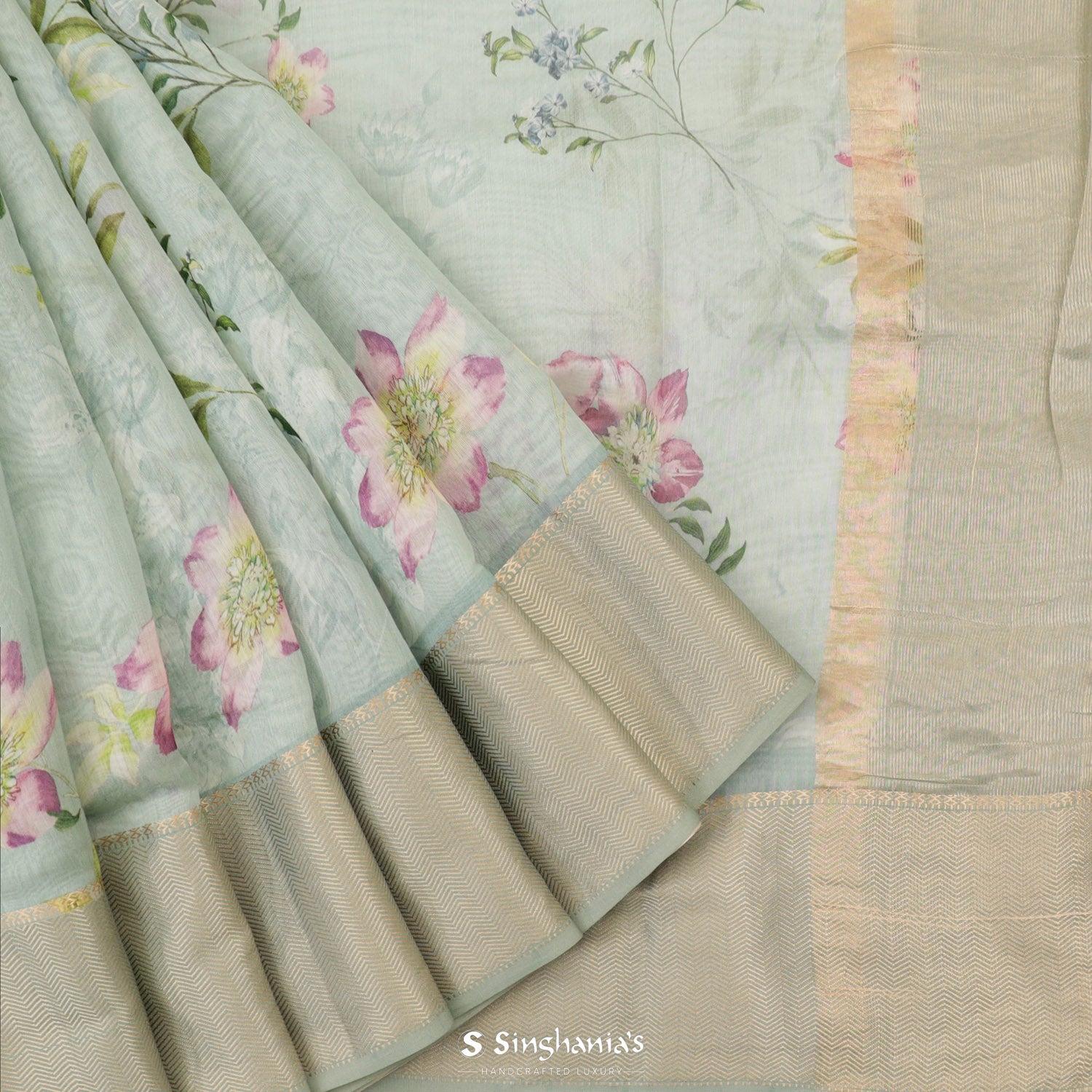 Pale Blue Printed Khadi Saree With Floral Pattern