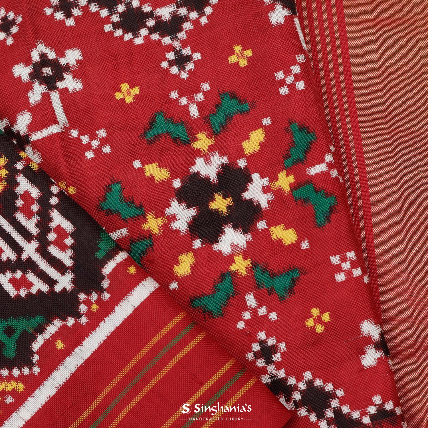 Dark Red Patola Silk Saree With Floral Fauna Pattern