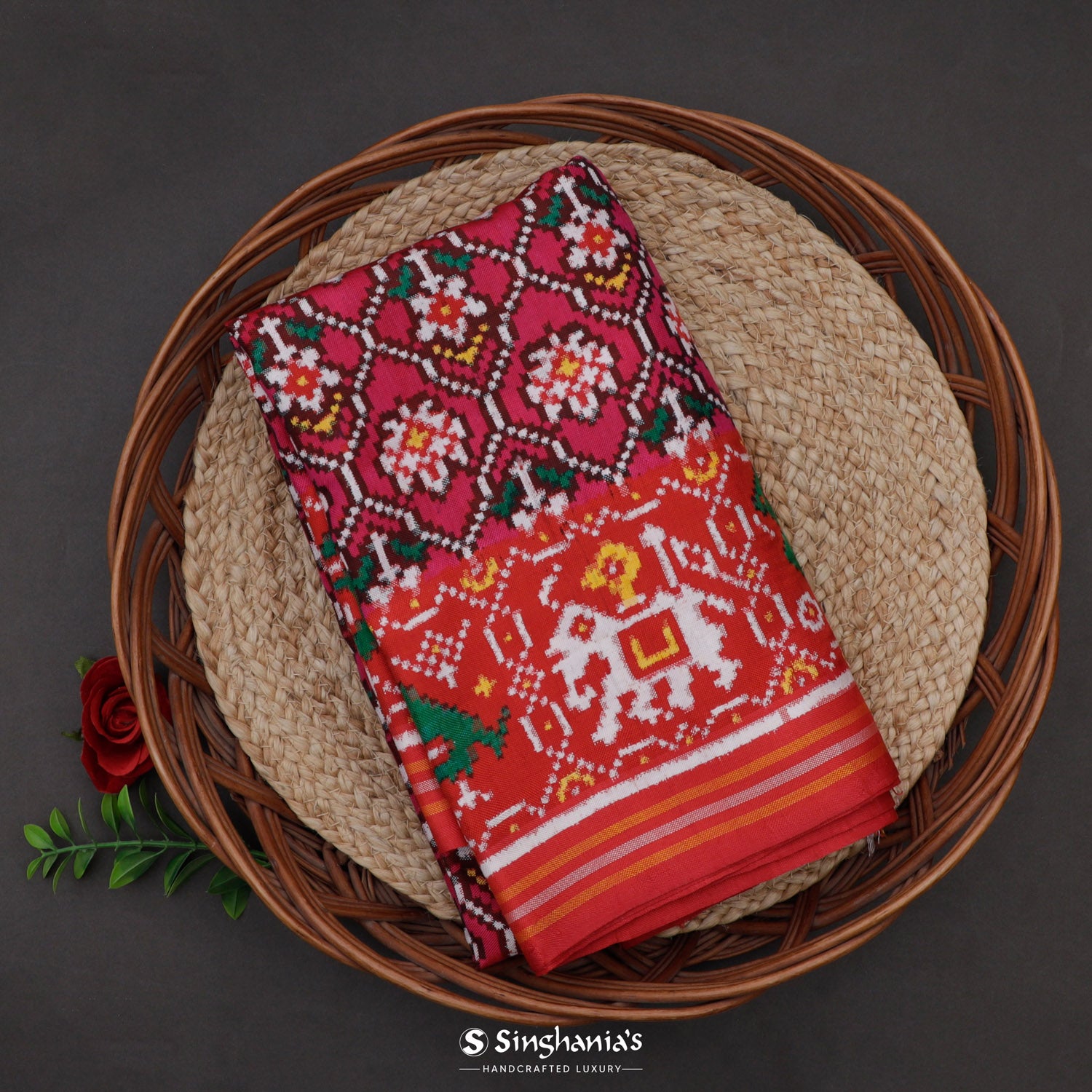 Debian Red Pink Patola Silk Saree With Floral Fauna Pattern