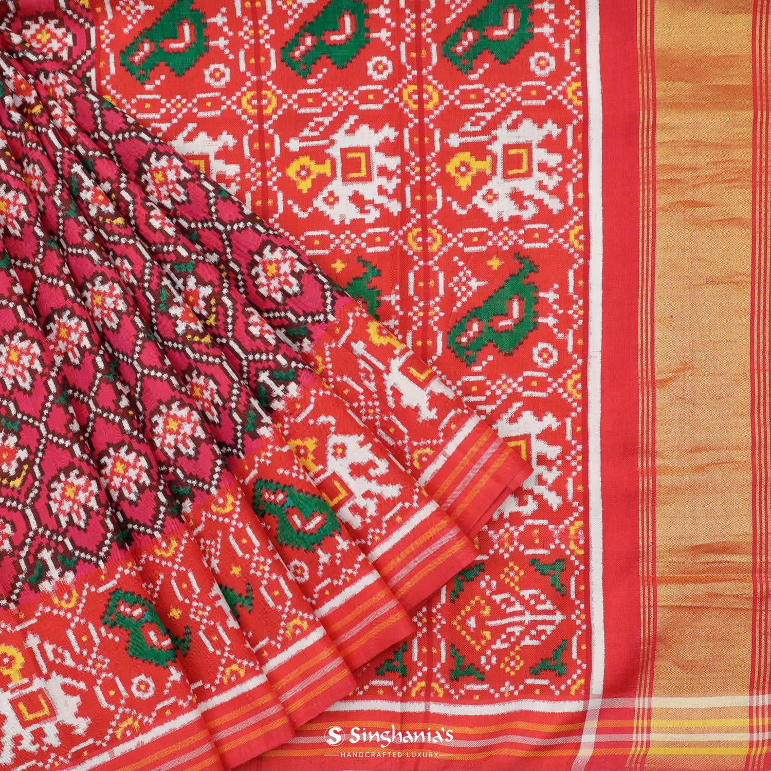 Debian Red Pink Patola Silk Saree With Floral Fauna Pattern