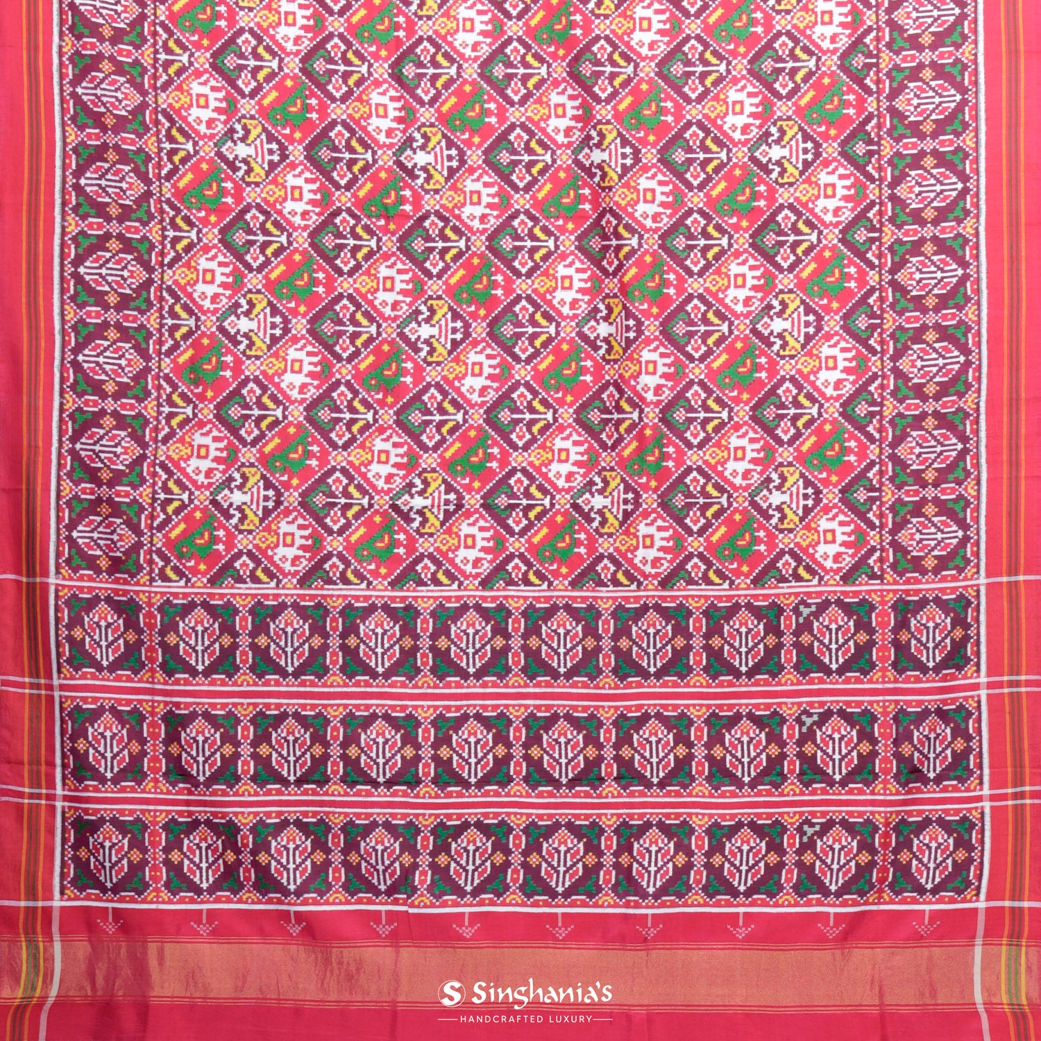 Rusty Red Patola Silk Saree With Floral Fauna Pattern
