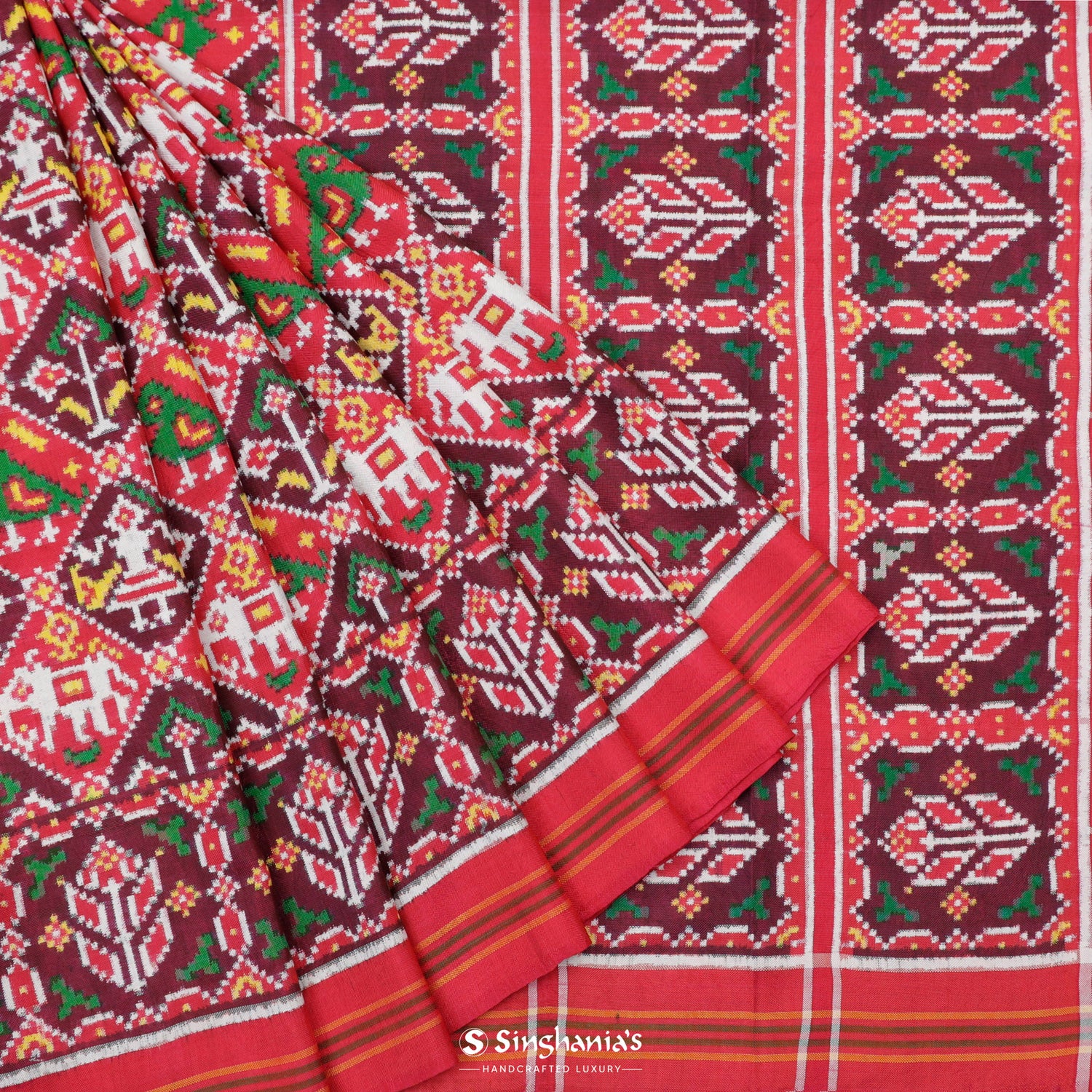 Rusty Red Patola Silk Saree With Floral Fauna Pattern