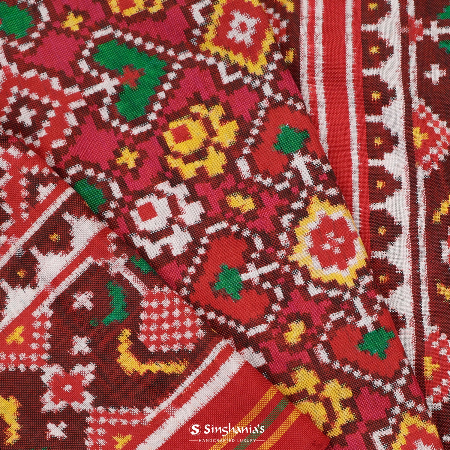 Rufous Red Patola Silk Saree With Floral Fauna Pattern