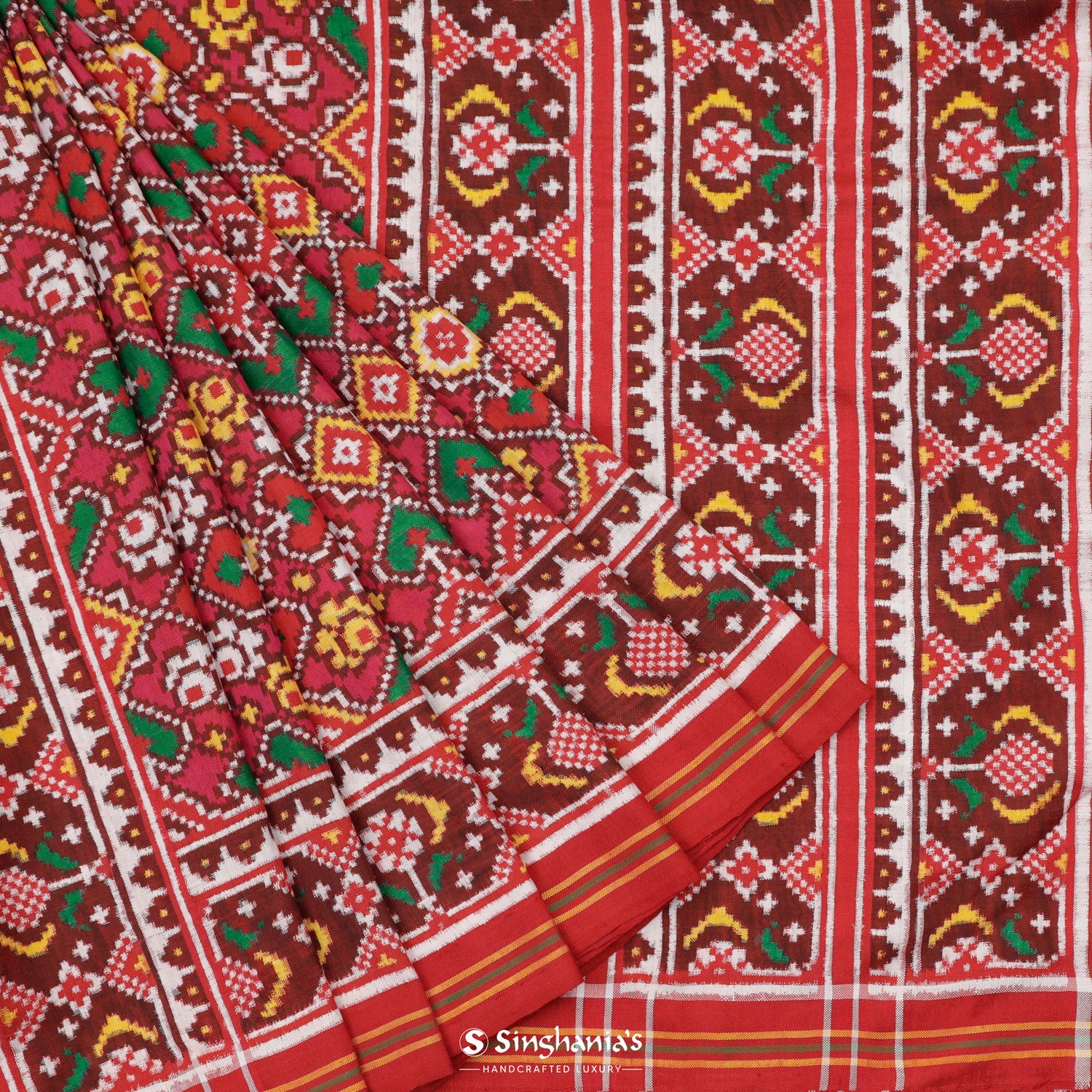 Rufous Red Patola Silk Saree With Floral Fauna Pattern