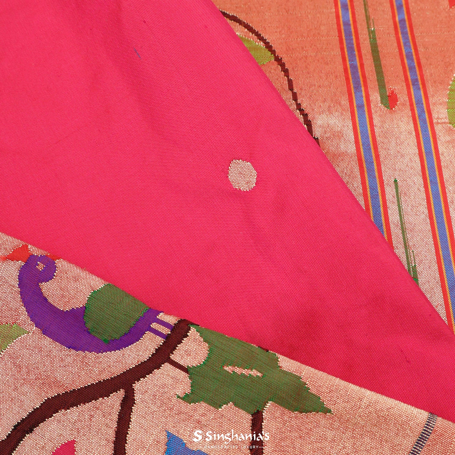 Crayola Red Pink Paithani Handloom Silk Saree