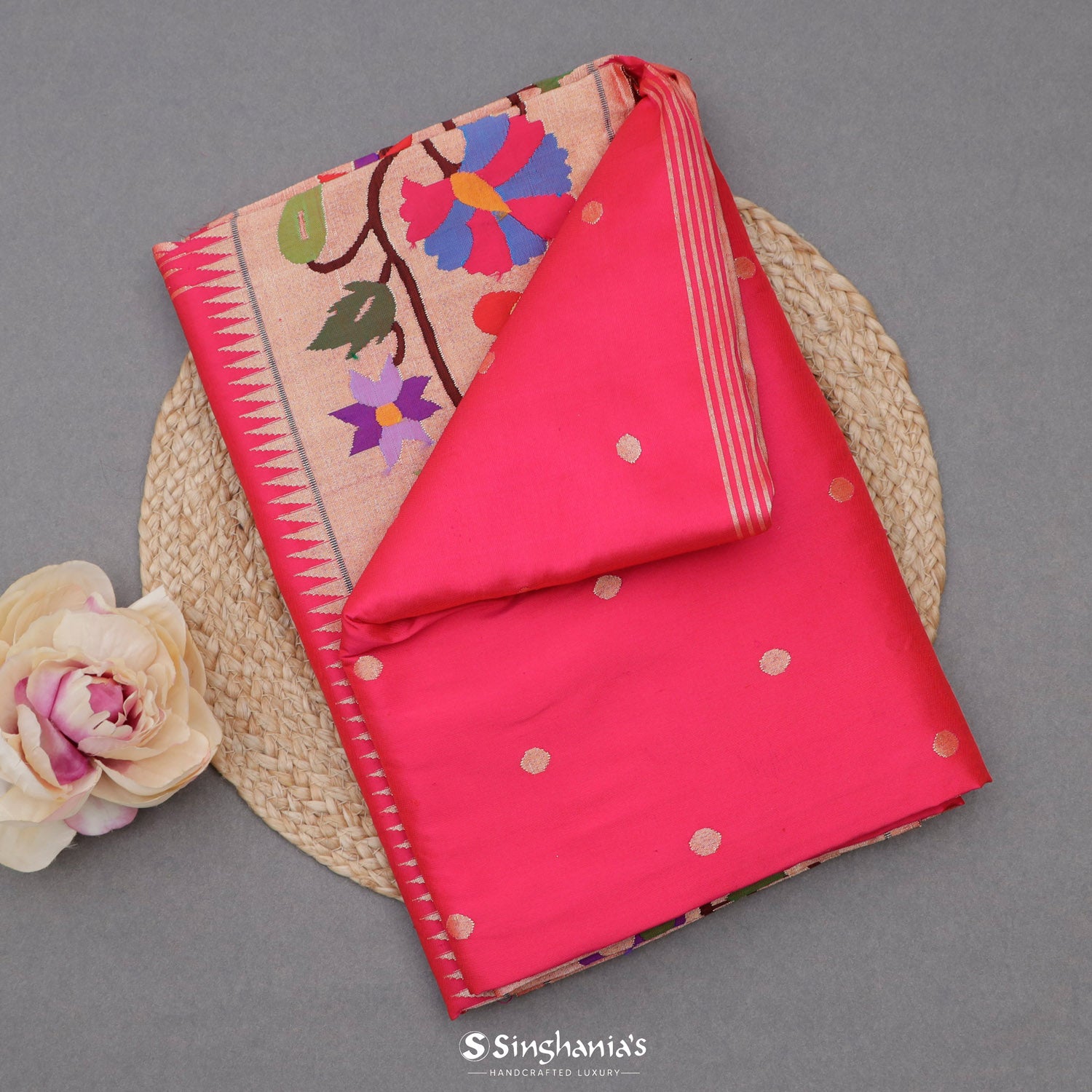 Crayola Red Pink Paithani Handloom Silk Saree