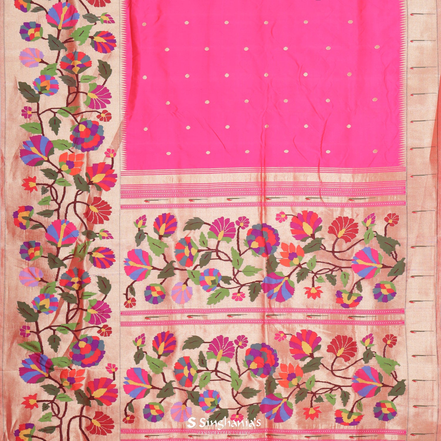 Crayola Red Pink Paithani Handloom Silk Saree