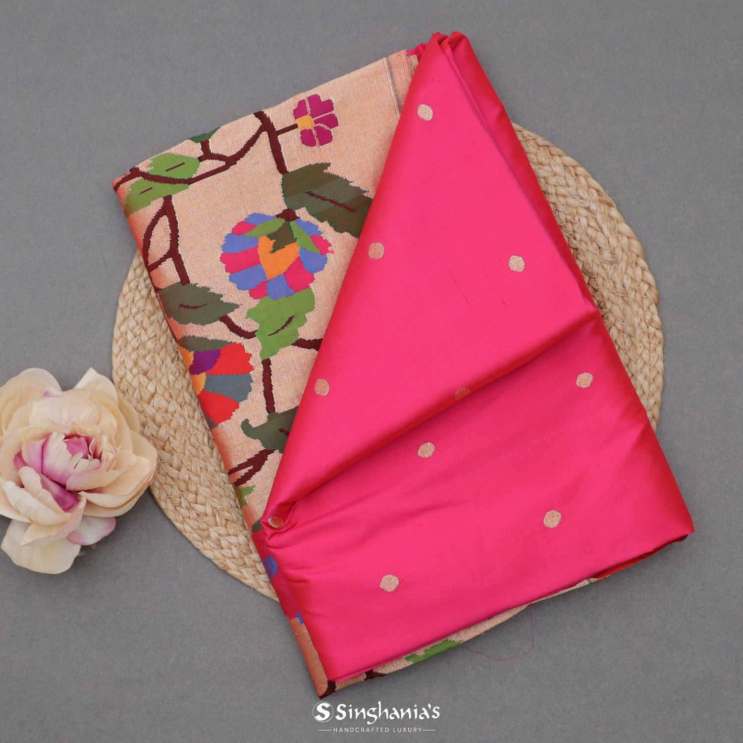 Crayola Red Pink Paithani Handloom Silk Saree