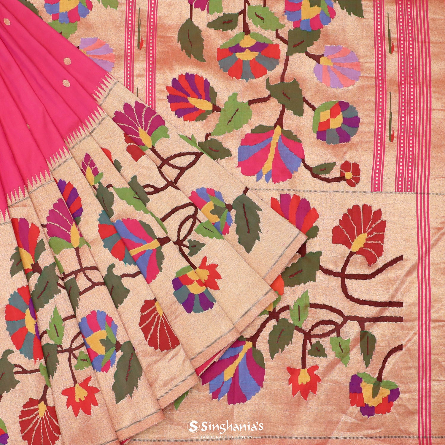 Crayola Red Pink Paithani Handloom Silk Saree