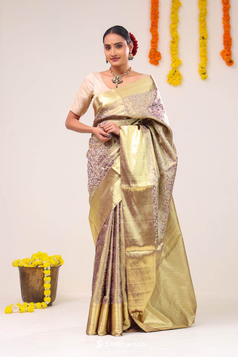 Rose Gold Jaal Kanjivaram Silk Saree