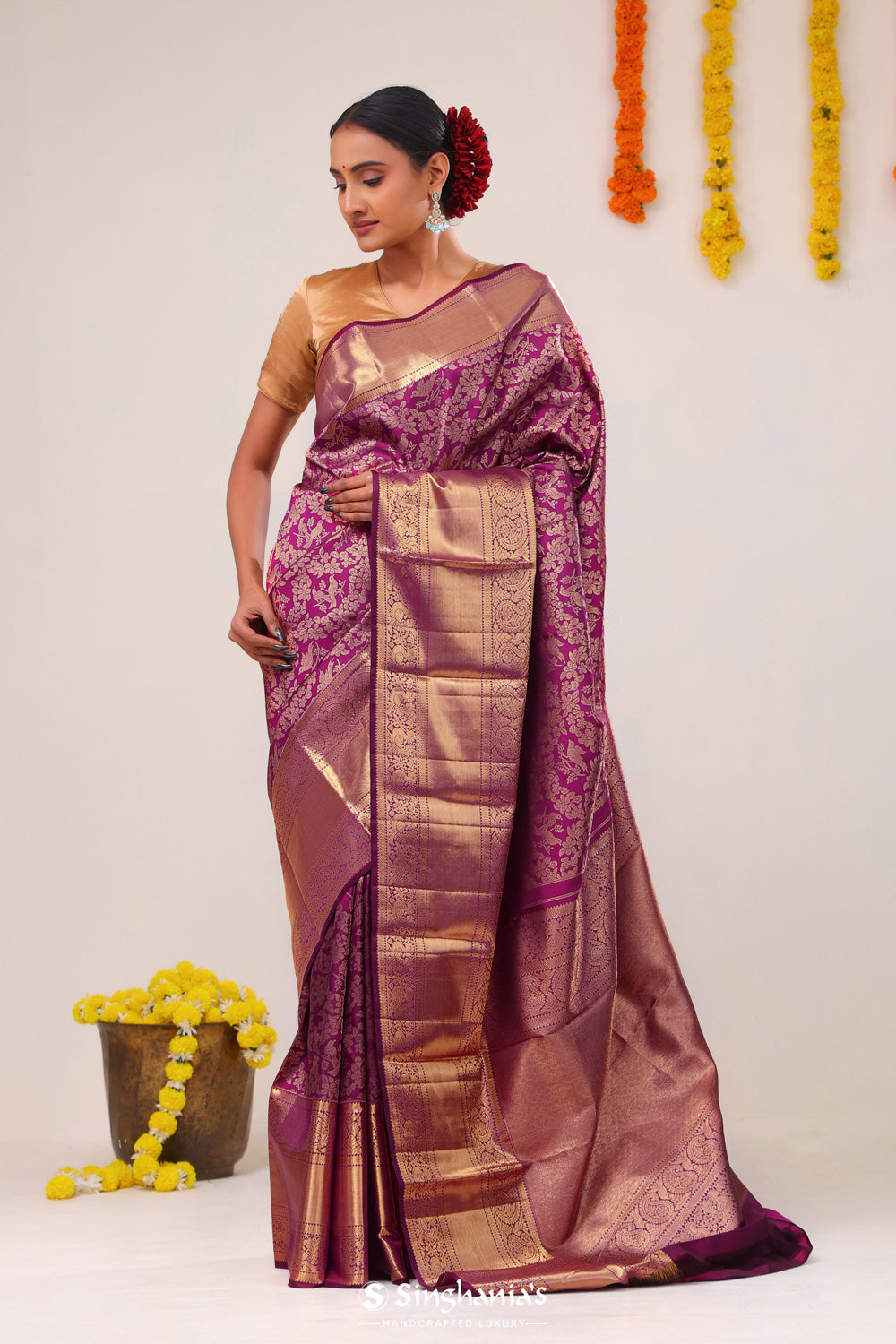 Dark Raspberry Jaal Kanjivaram Silk Saree