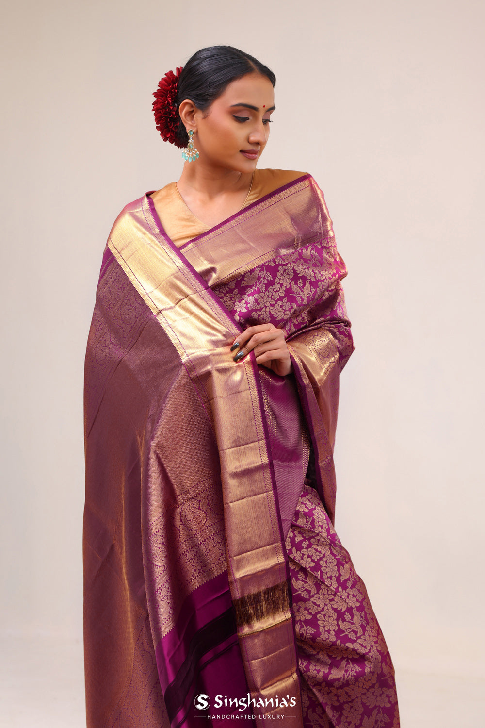 Dark Raspberry Jaal Kanjivaram Silk Saree