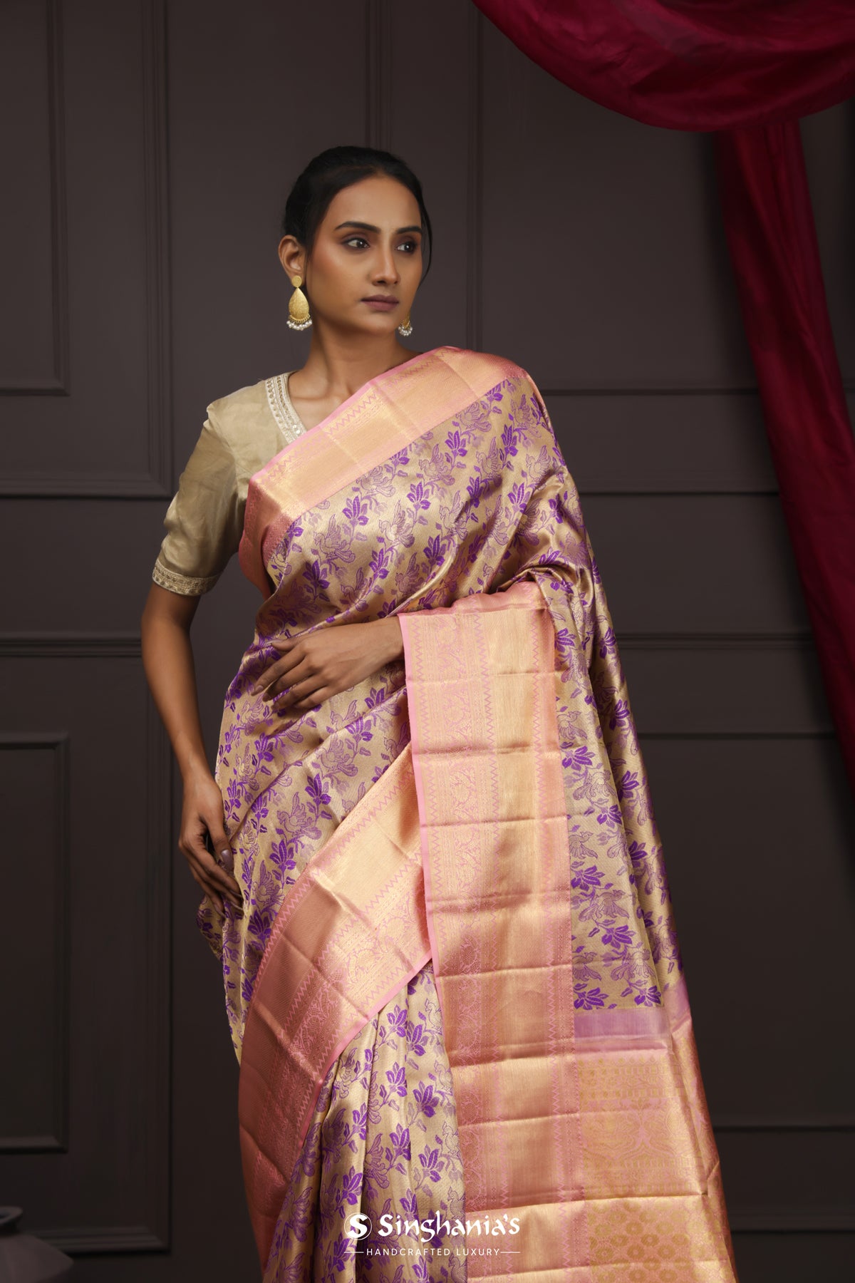 Golden Pink Tissue Kanjivaram Silk Saree With Floral Peacock Design