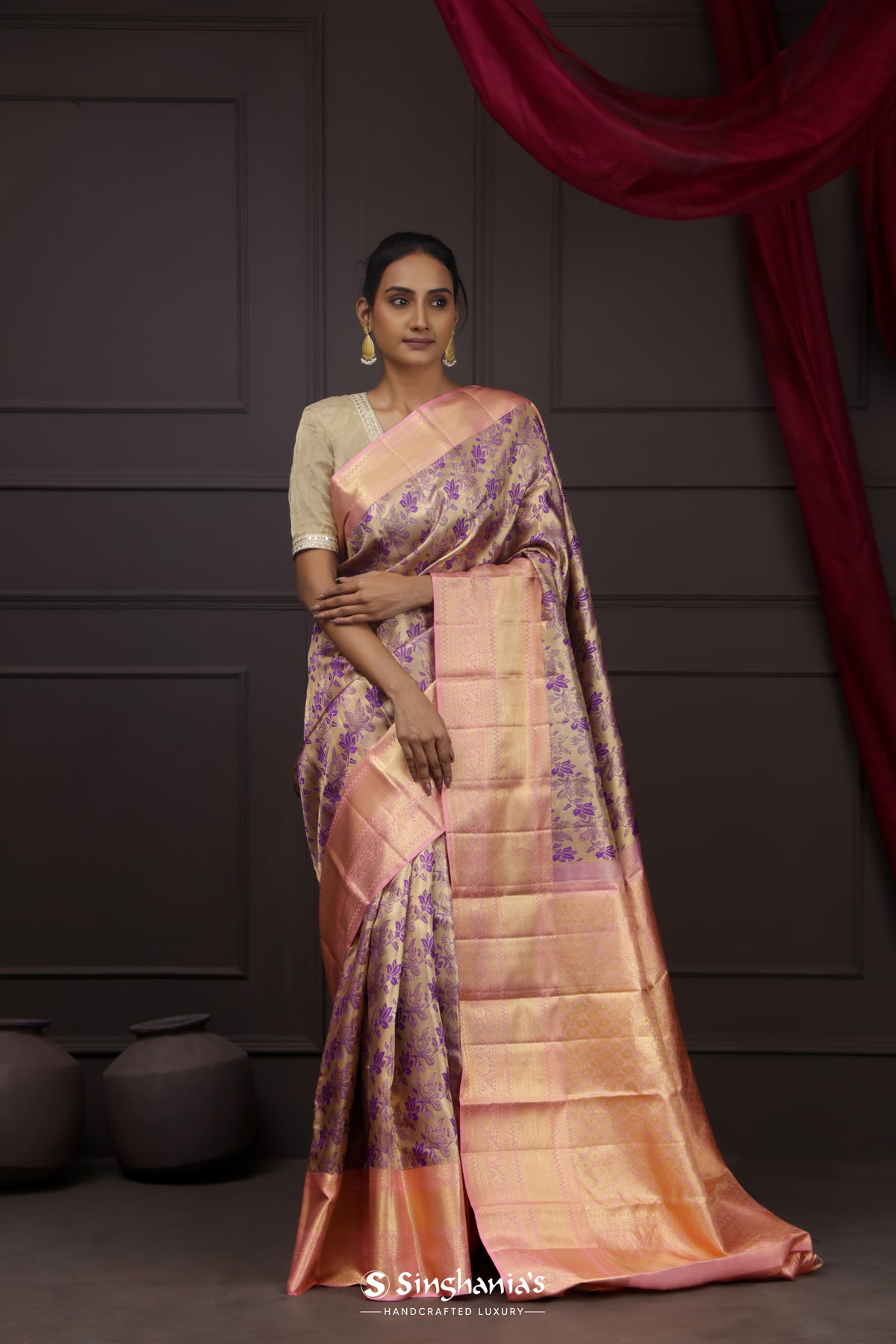 Golden Pink Tissue Kanjivaram Silk Saree With Floral Peacock Design