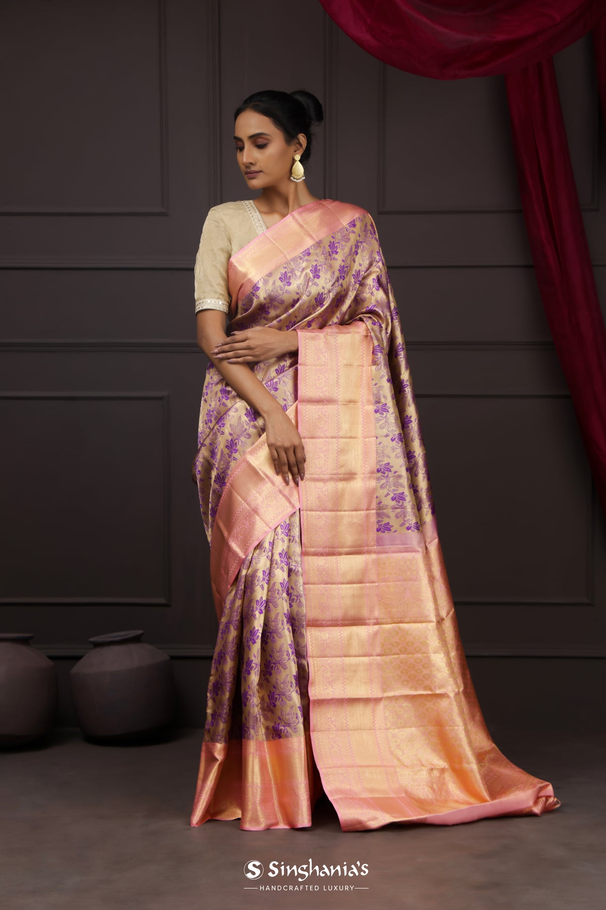 Golden Pink Tissue Kanjivaram Silk Saree With Floral Peacock Design