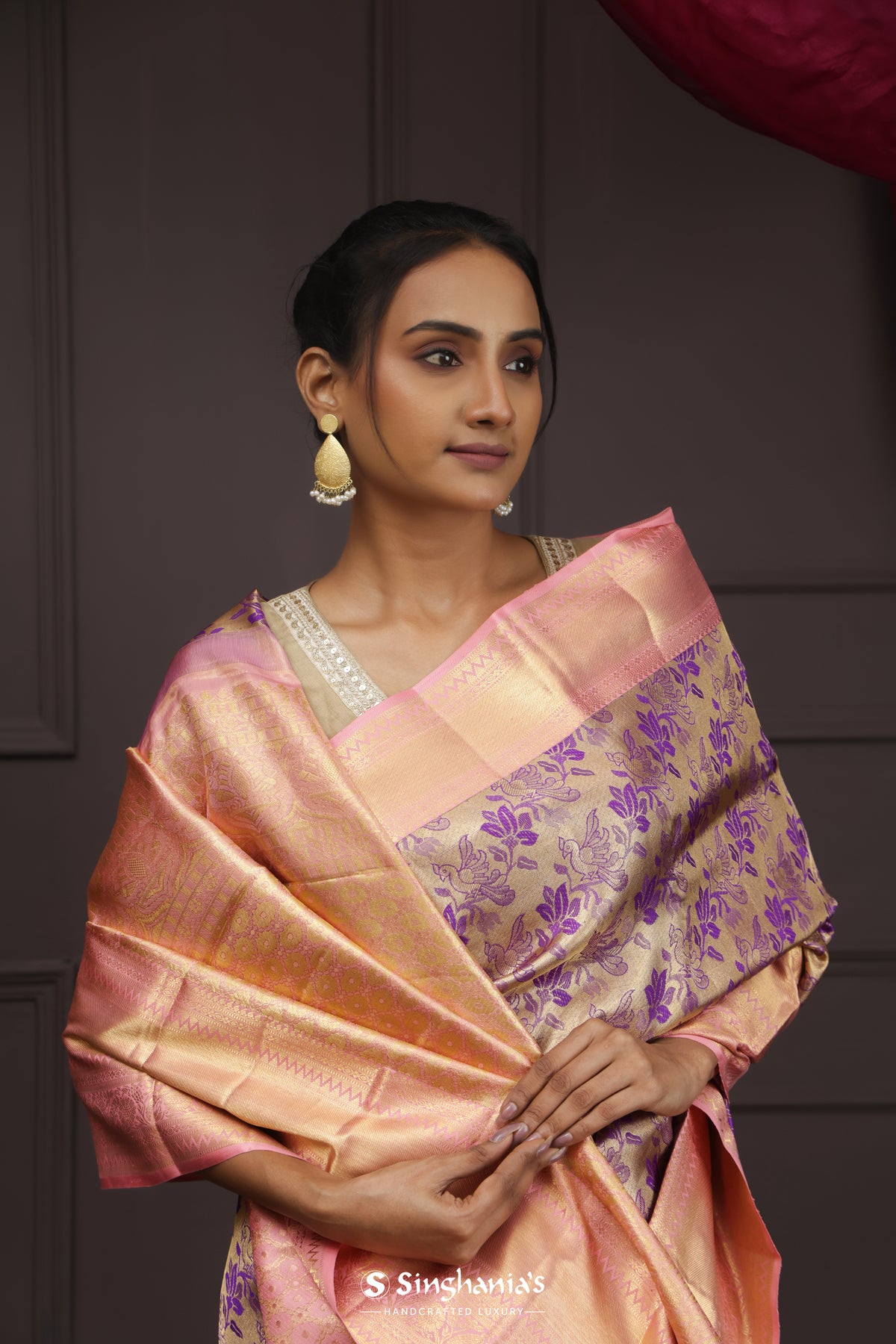 Golden Pink Tissue Kanjivaram Silk Saree With Floral Peacock Design