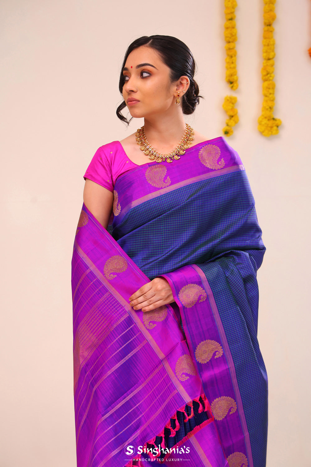 Royal Blue Checks Kanjivaram Silk Saree