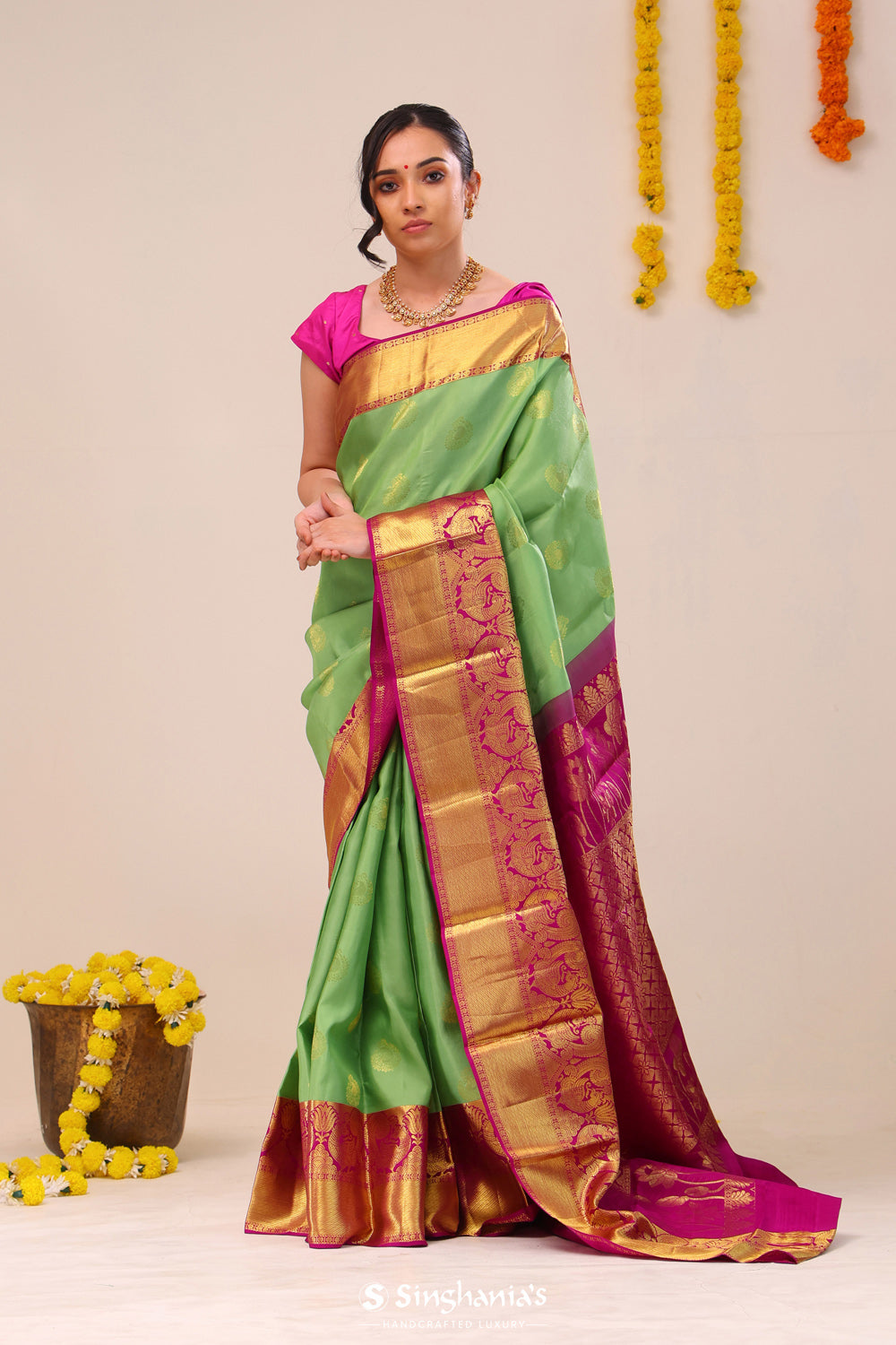 Celadon Green Paisley Kanjivaram Silk Saree