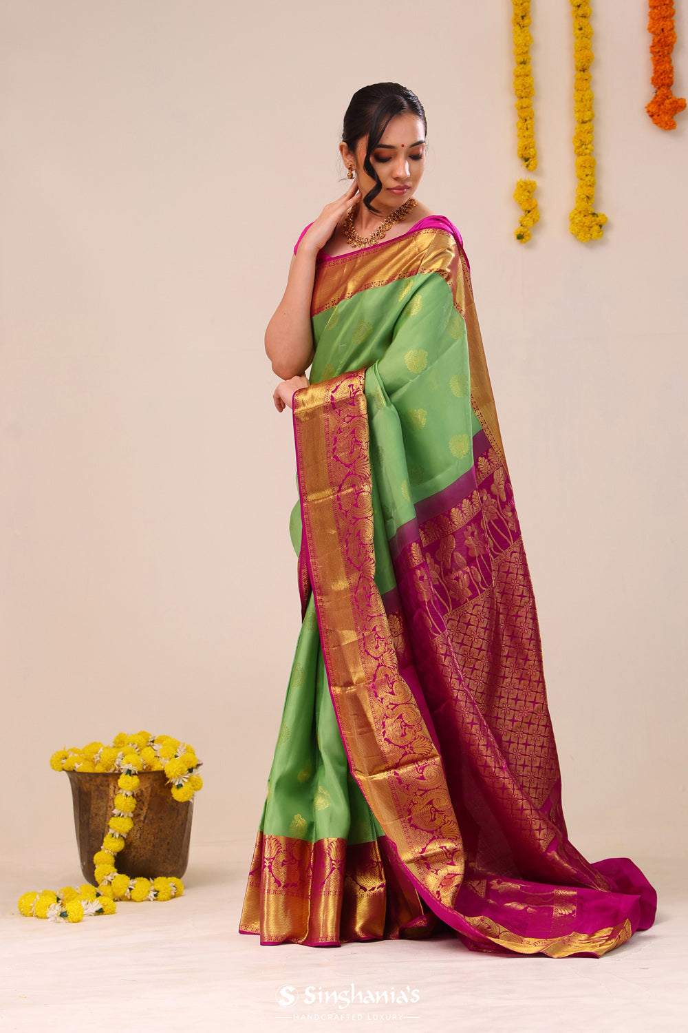 Celadon Green Paisley Kanjivaram Silk Saree