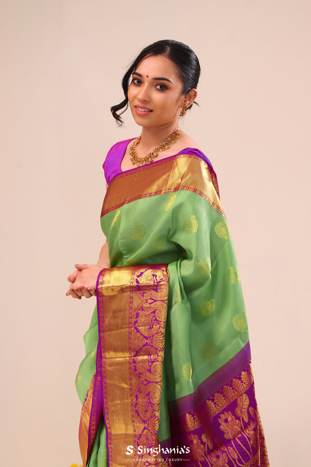 Celadon Green Paisley Kanjivaram Silk Saree