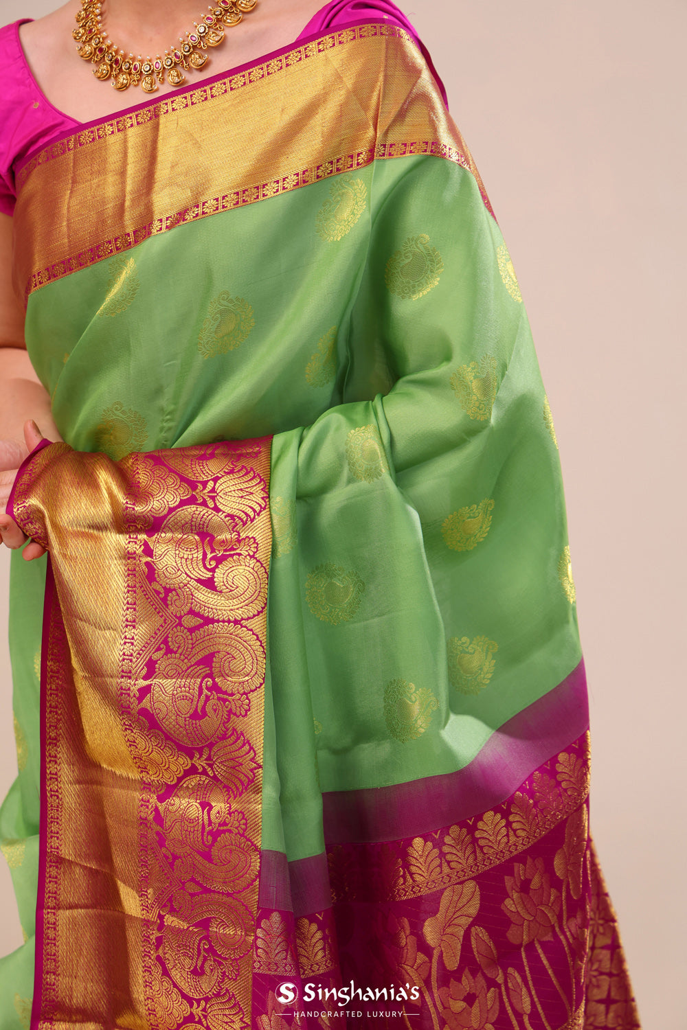 Celadon Green Paisley Kanjivaram Silk Saree