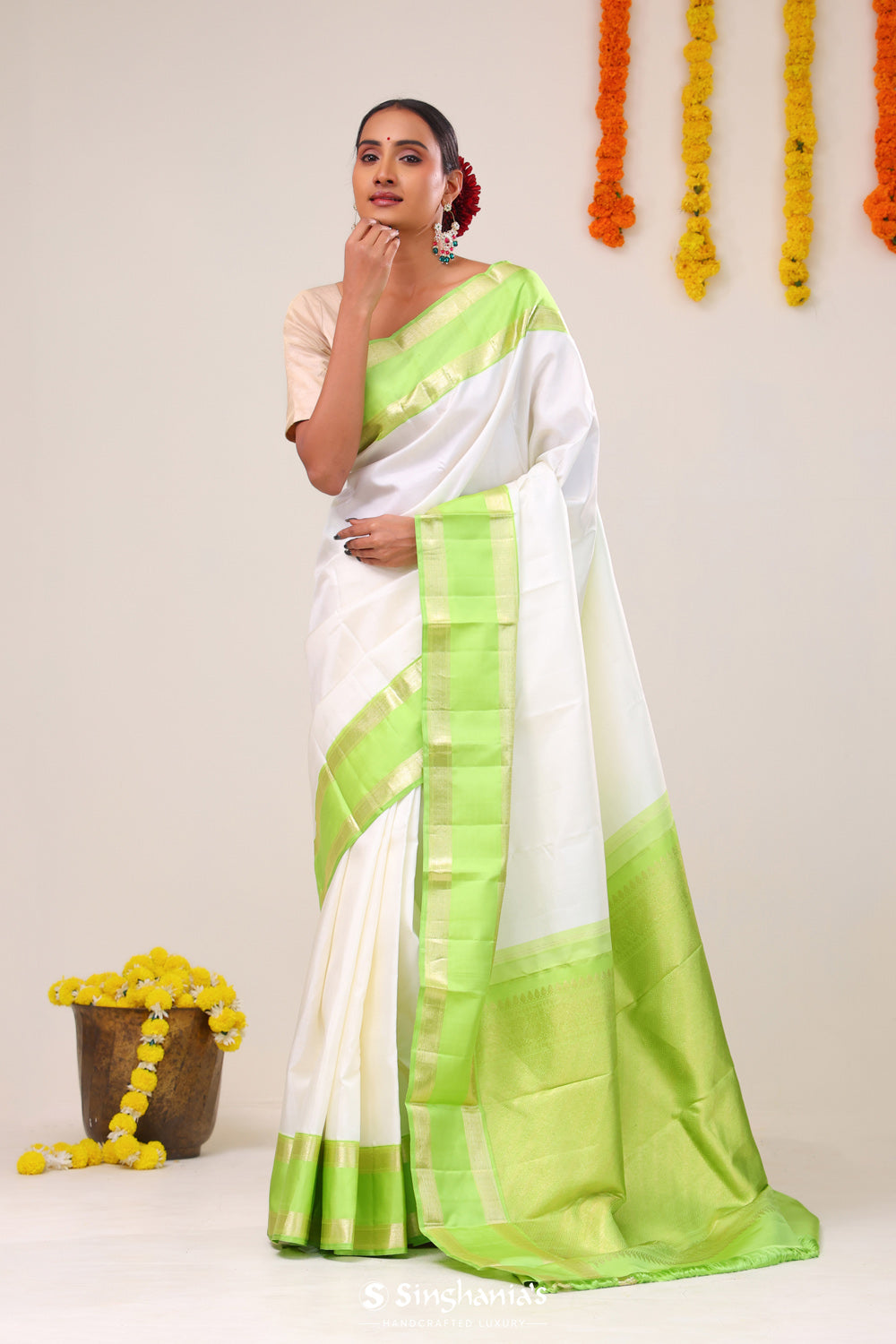 Cream White Kanjivaram Silk Saree