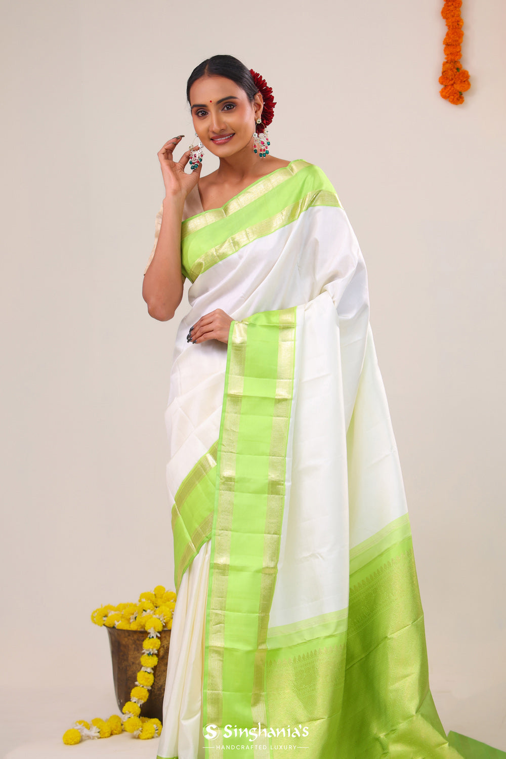 Cream White Kanjivaram Silk Saree