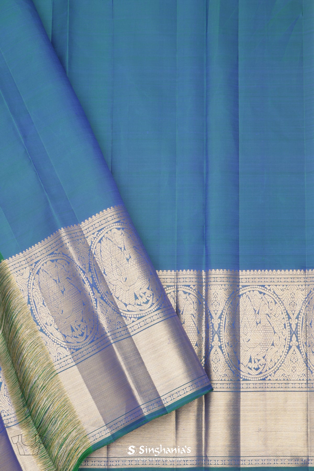 Blue Green Dual-Tone Kanjivaram Saree With Peacock Weaving