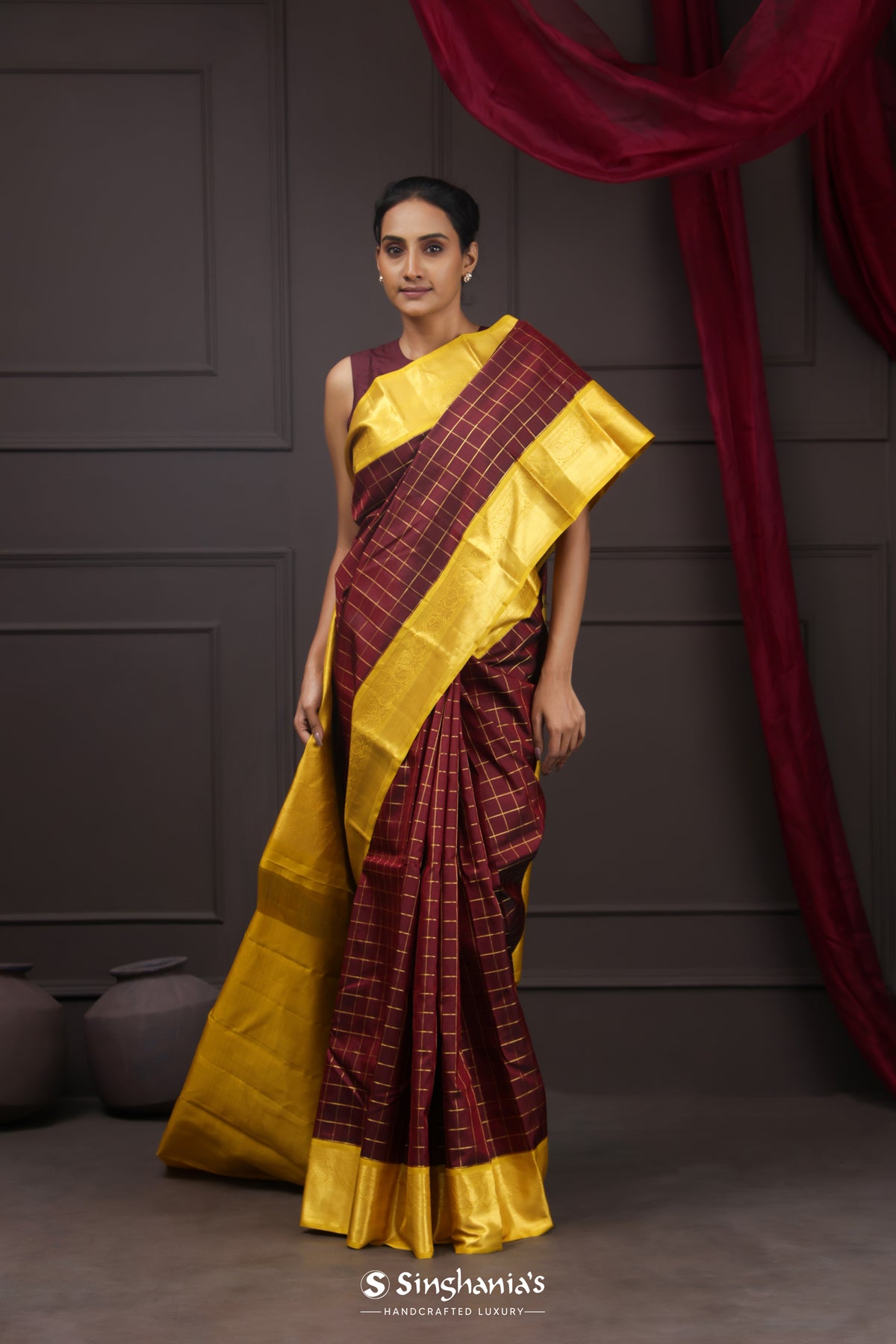 Royal Maroon Kanjivaram Silk Saree With Checks Weaving