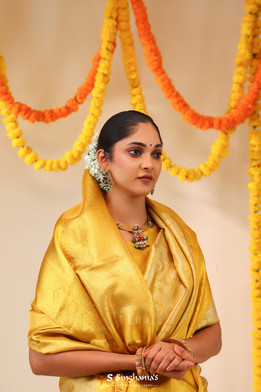 Hansa Yellow Tissue Kanjivaram Saree With Geometrical Weaving