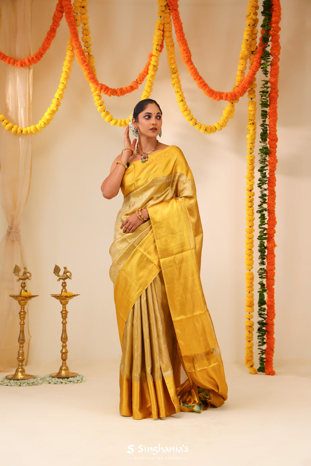 Hansa Yellow Tissue Kanjivaram Saree With Geometrical Weaving