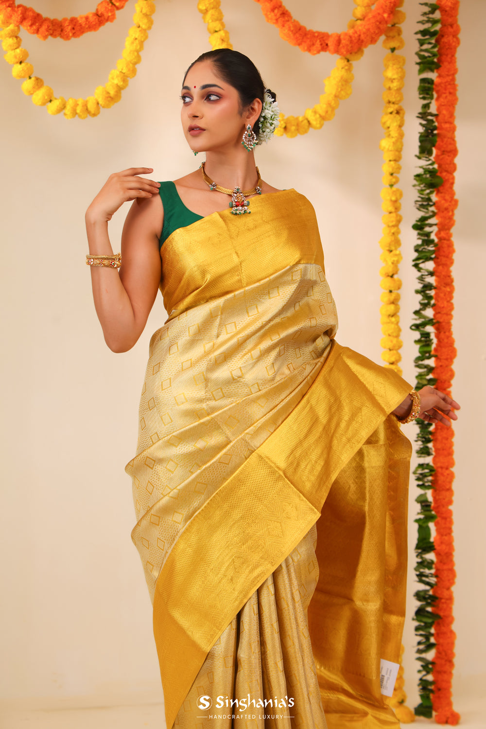 Hansa Yellow Tissue Kanjivaram Saree With Geometrical Weaving