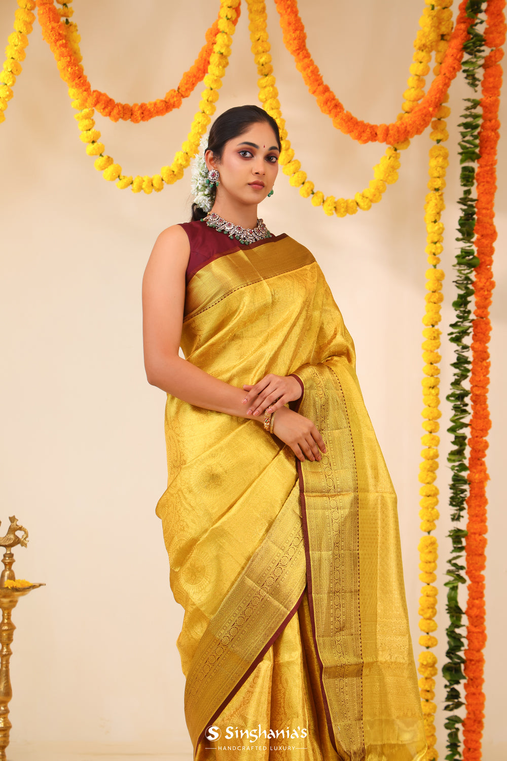 Pastel Gold Tissue Kanjivaram Saree With Floral Weaving