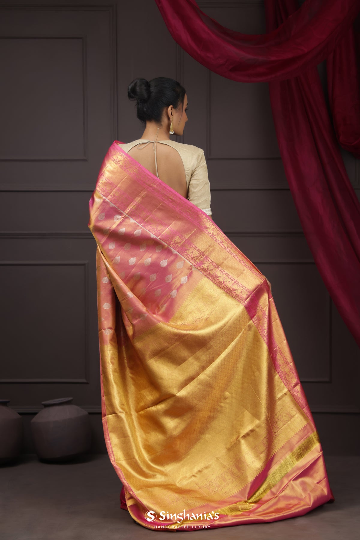 Rose Gold Tissue Kanjivaram Saree With Floral Butta Weaving