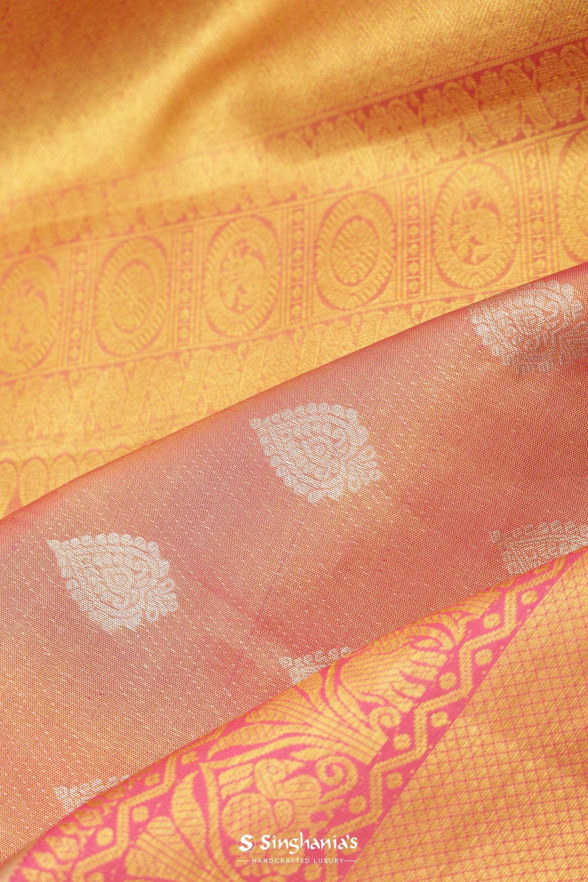 Rose Gold Tissue Kanjivaram Saree With Floral Butta Weaving