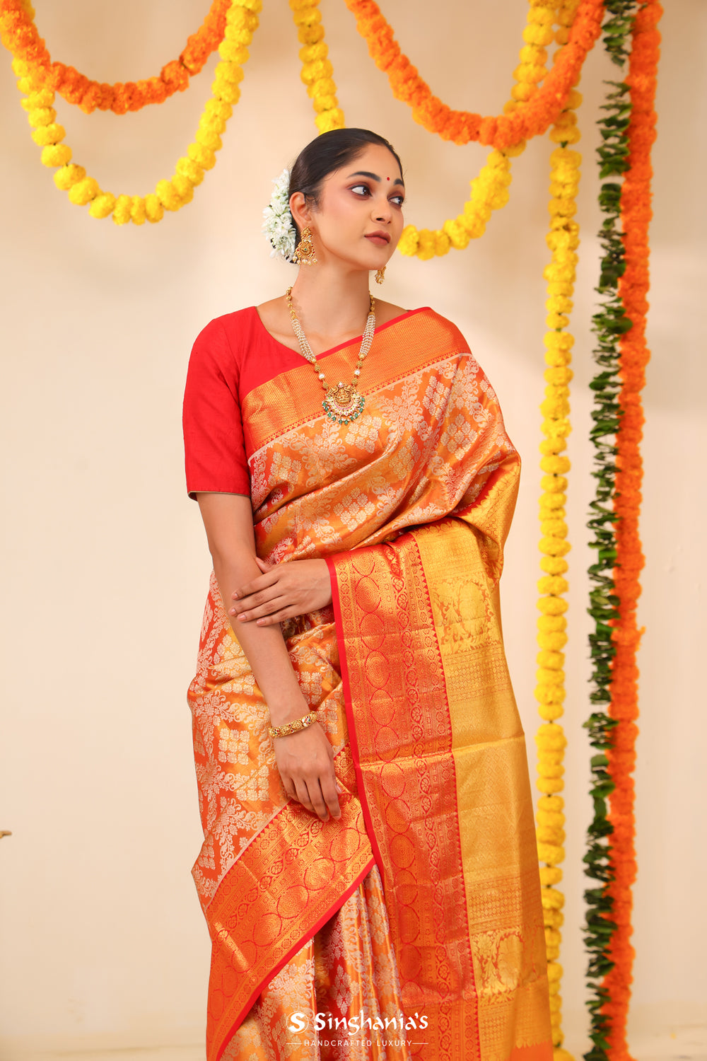 Peach Orange Tissue Kanjivaram Saree With Floral Jaal Weaving