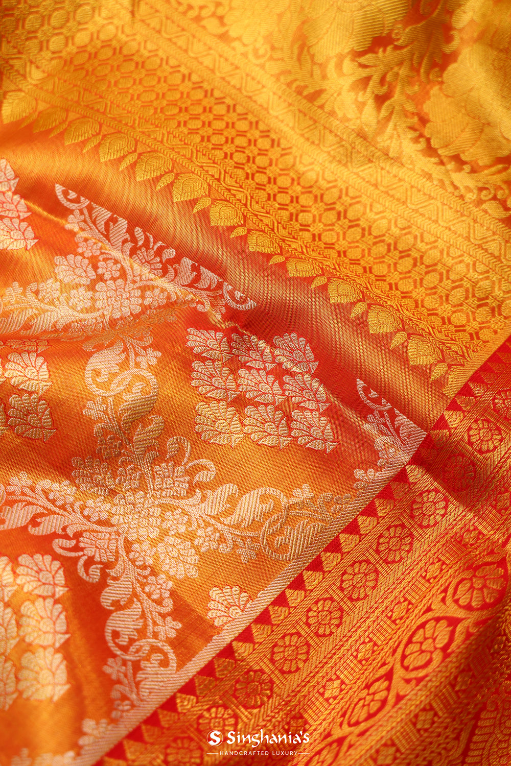 Peach Orange Tissue Kanjivaram Saree With Floral Jaal Weaving