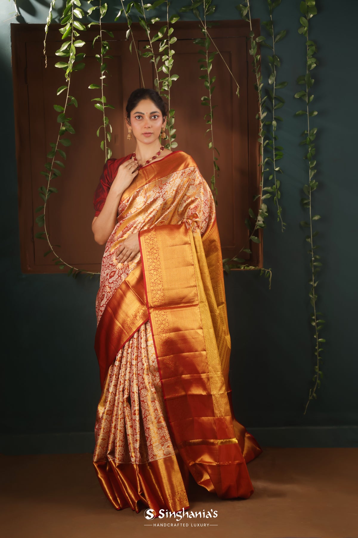 Dark Orange Kanjivaram Silk Saree With Floral Jaal Weaving