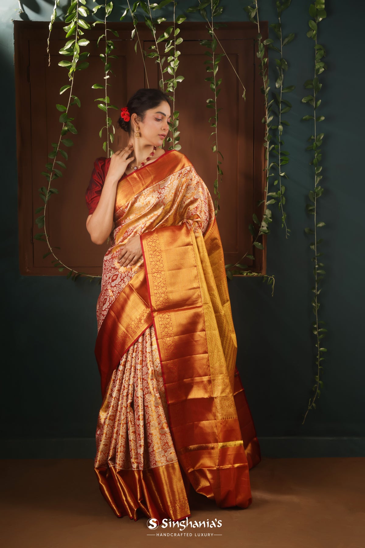 Dark Orange Kanjivaram Silk Saree With Floral Jaal Weaving