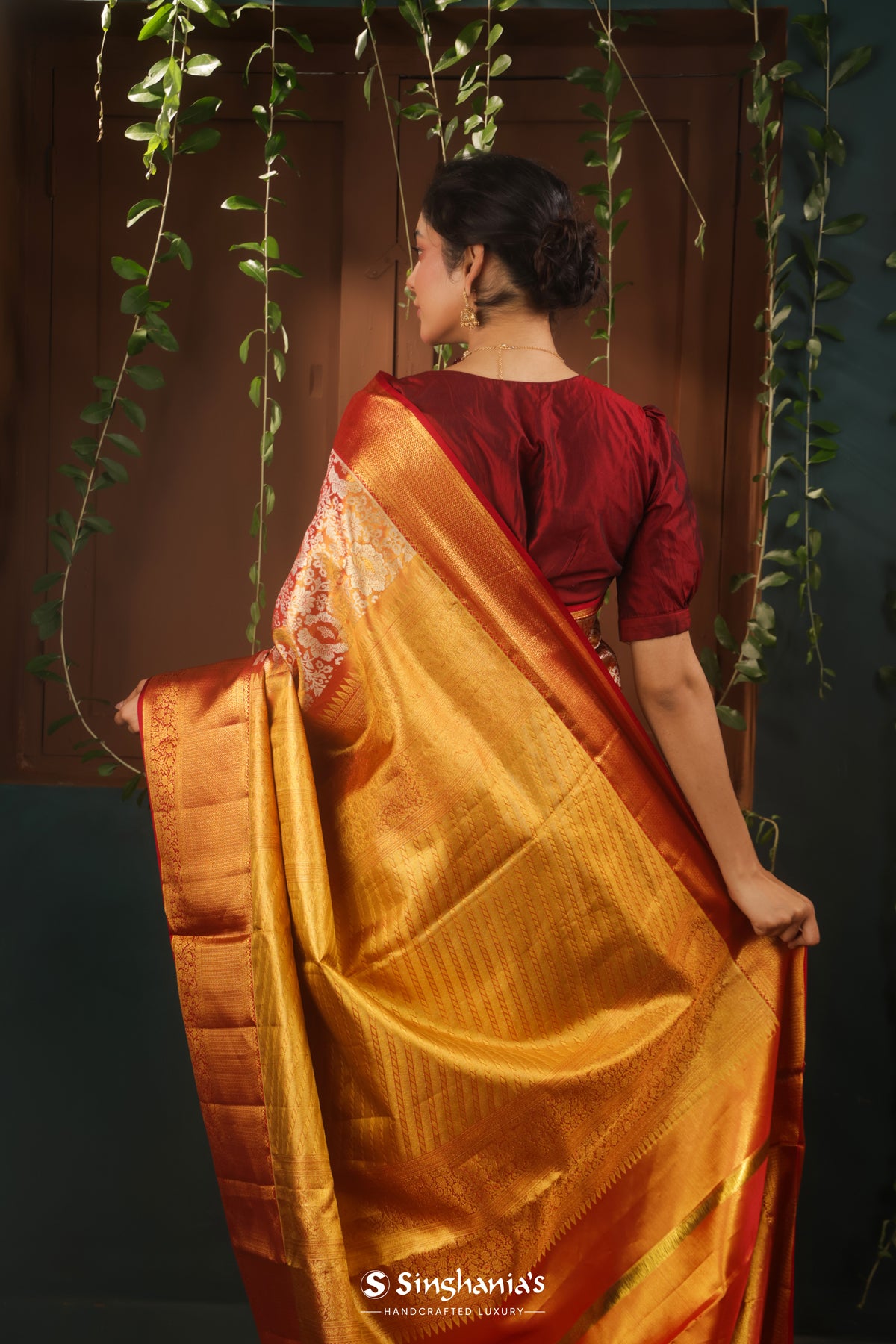 Dark Orange Kanjivaram Silk Saree With Floral Jaal Weaving