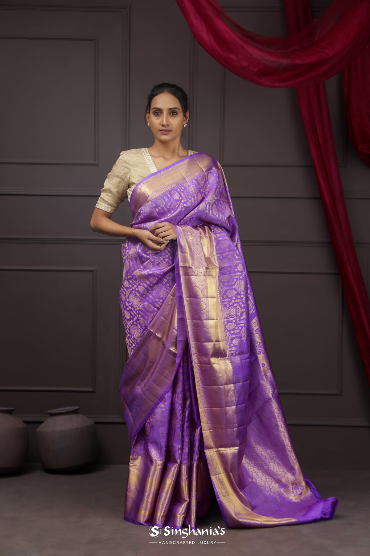 Blue Violet Kanjivaram Silk Saree With Floral Jaal Work