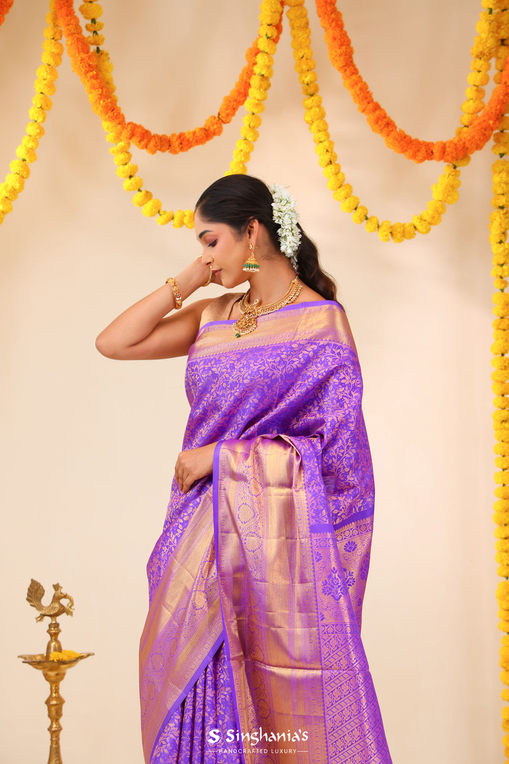 Bright Purple Tissue Kanjivaram Saree With Floral Jaal Weaving