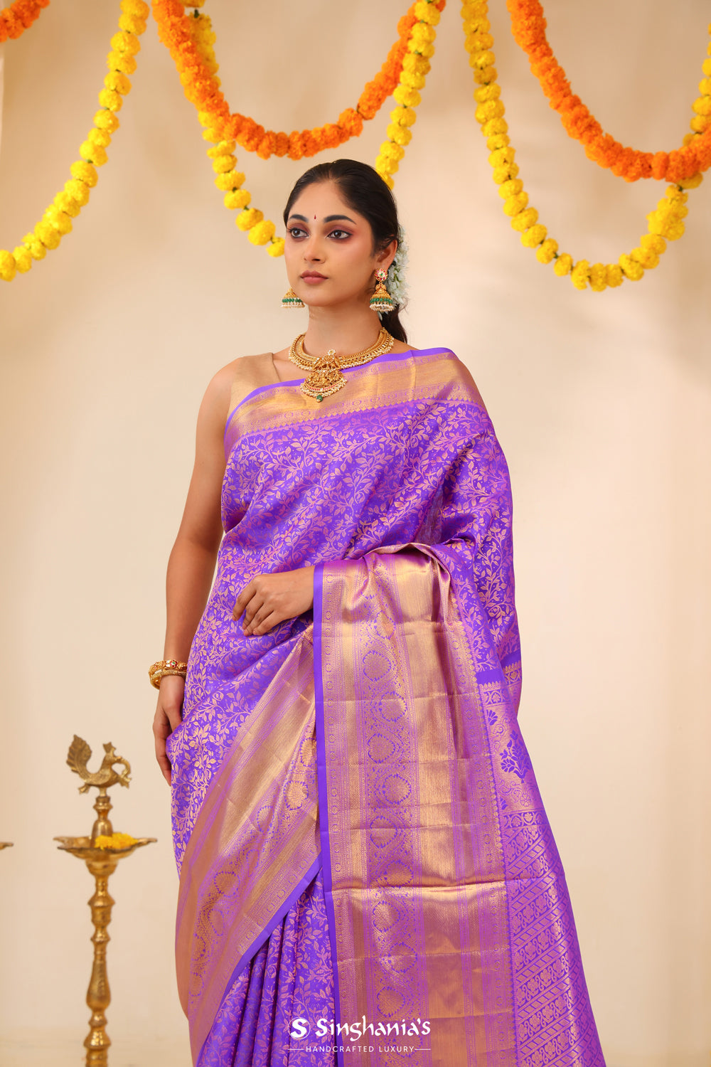 Bright Purple Tissue Kanjivaram Saree With Floral Jaal Weaving