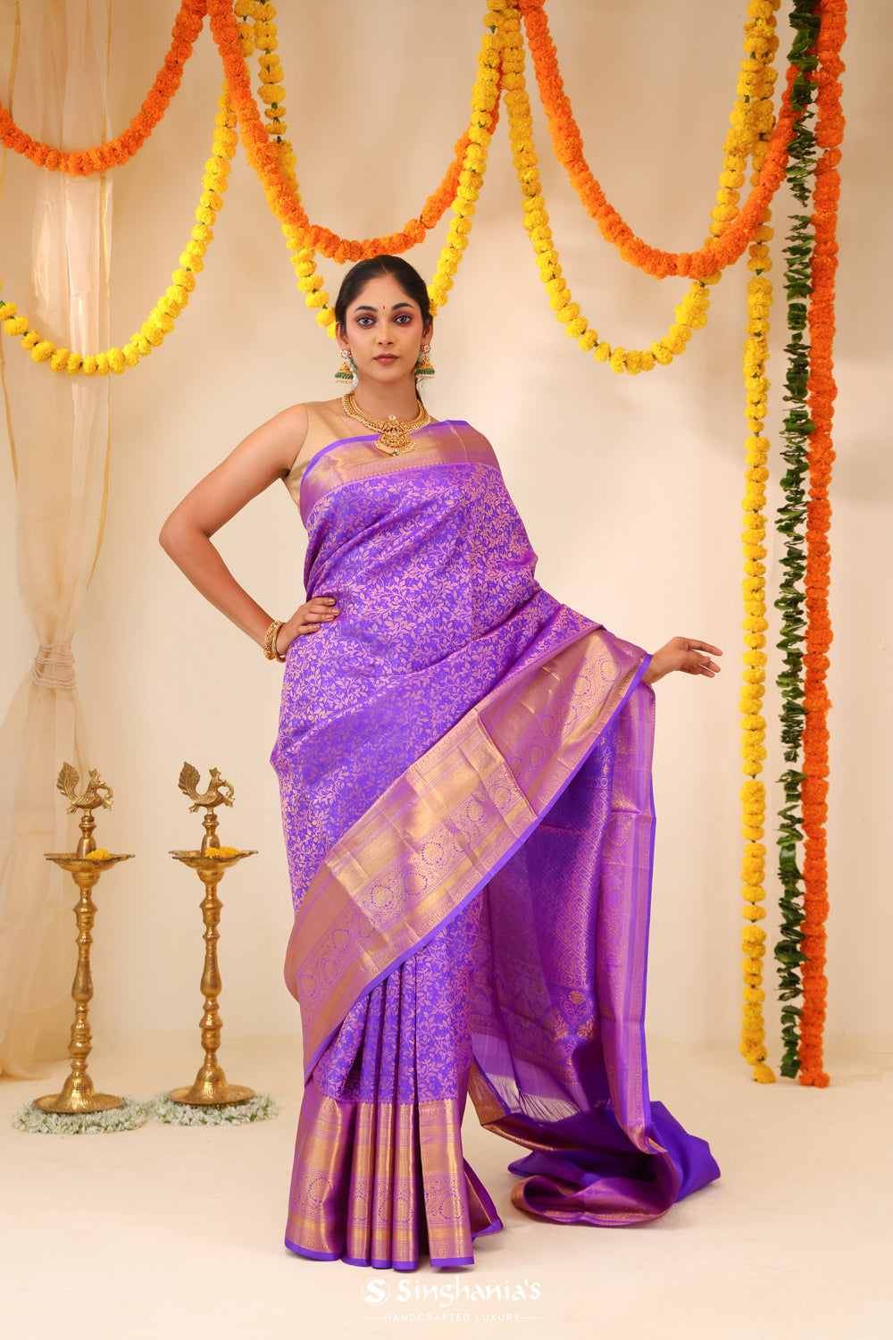 Bright Purple Tissue Kanjivaram Saree With Floral Jaal Weaving