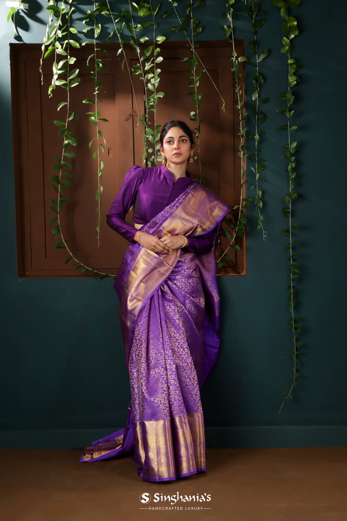 Bright Purple Kanjivaram Silk Saree With Floral Pattern