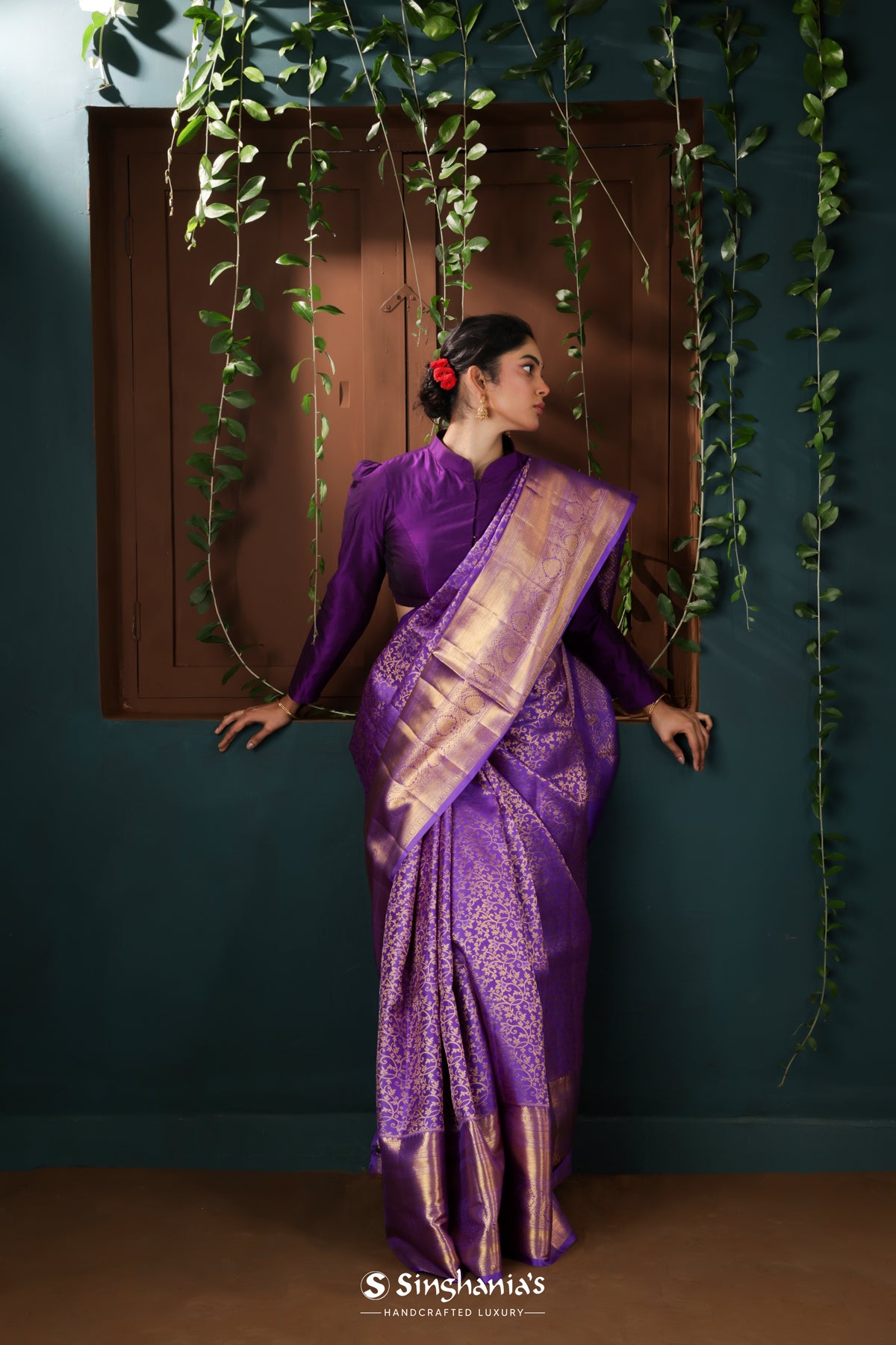 Bright Purple Kanjivaram Silk Saree With Floral Pattern