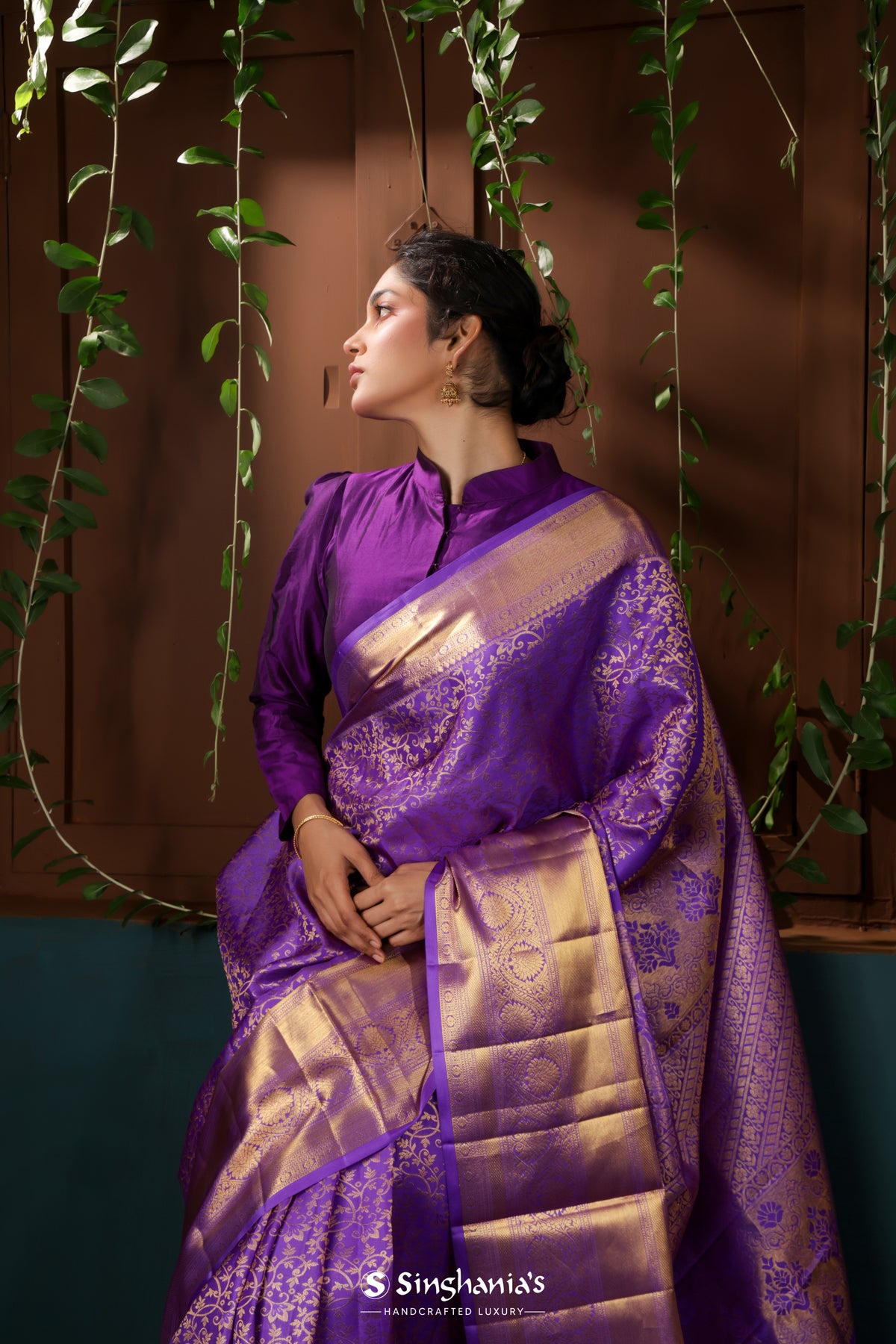 Bright Purple Kanjivaram Silk Saree With Floral Pattern